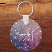 Space Galaxy Roze Goud Glitter Fonkelende Monogram Sleutelhanger (Voorkant)