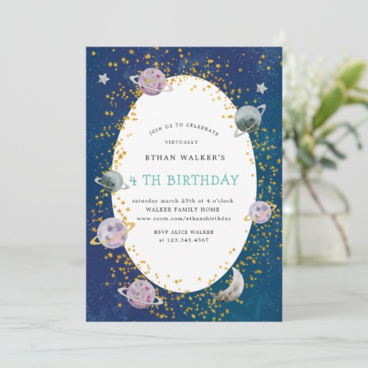 Space Galaxy Virtual Birthday Party Uitnodiging (Staand voorkant)