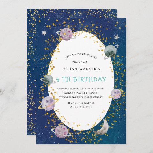 Space Galaxy Virtual Birthday Party Uitnodiging (Voorkant / Achterkant)