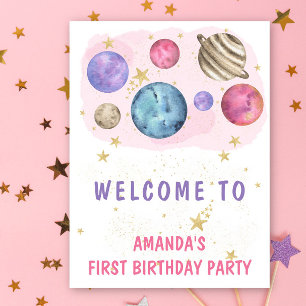 Space Girl Verjaardag Roze Planeten Welkom Party Poster