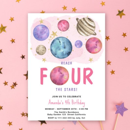 Space Girl Vierde Verjaardag Star Party Kaart