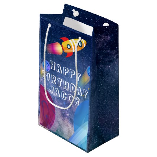 Space Happy Birthday op maat Klein Cadeauzakje (Voorkant Gekanteld)