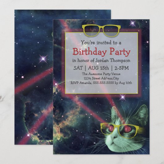 Space Hipster Cat Birthday Uitnodiging (Voorkant / Achterkant)