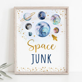 Space Junk Galaxy Blue Gold Birthday Sign Poster