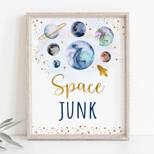 Space Junk Galaxy Blue Gold Birthday Sign Poster