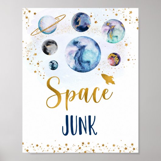 Space Junk Galaxy Blue Gold Birthday Snack Sign Poster (Voorkant)