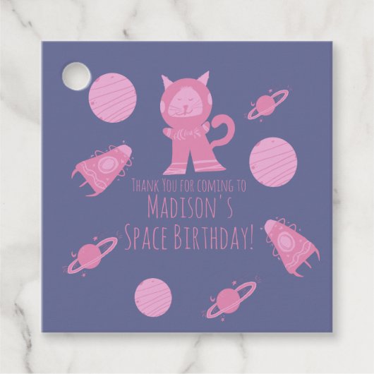 Space Kat Roze Galaxy Verjaardag Bedankjes Labels (Voorkant)