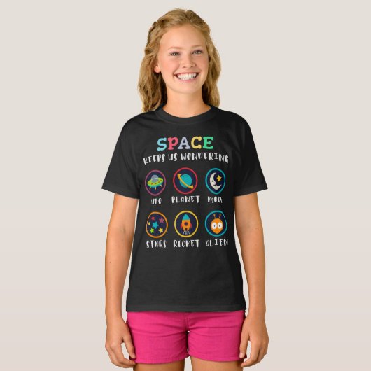 Space keeps us wondering t-shirt (Voorkant volledig)