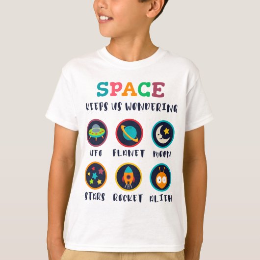 Space keeps us wondering t-shirt (Voorkant)