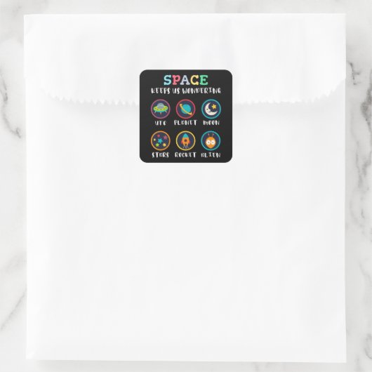 Space keeps us wondering vierkante sticker (Tas)