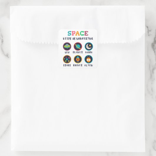 Space keeps us wondering vierkante sticker (Tas)