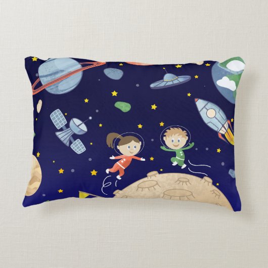 Space kids moon landing spaceship satelliet stars accent kussen (Achterkant)