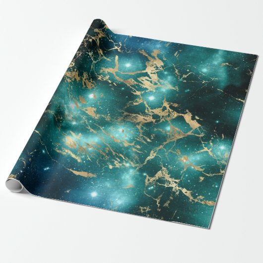 Space Marble Green Sterrennacht Golden Cadeaupapier (Uitgerold)
