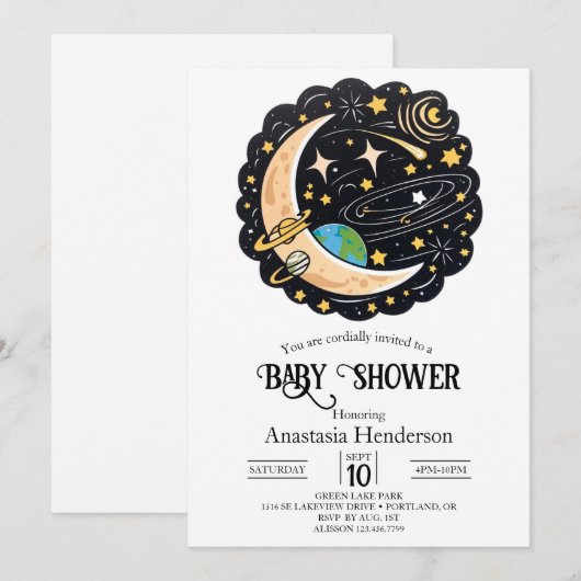 Space Moon Stars Baby shower Kaart (Voorkant / Achterkant)
