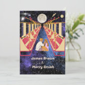 Space Moon Universe Romantic Night Train Weddensch Kaart (Staand voorkant)