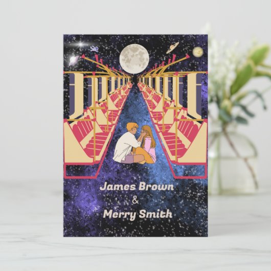 Space Moon Universe Romantic Night Train Weddensch Kaart (Staand voorkant)