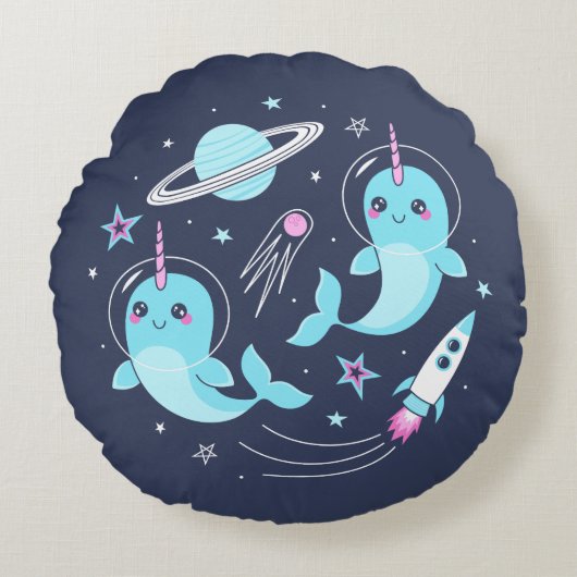 Space Narwhals Rond Kussen (Voorkant)
