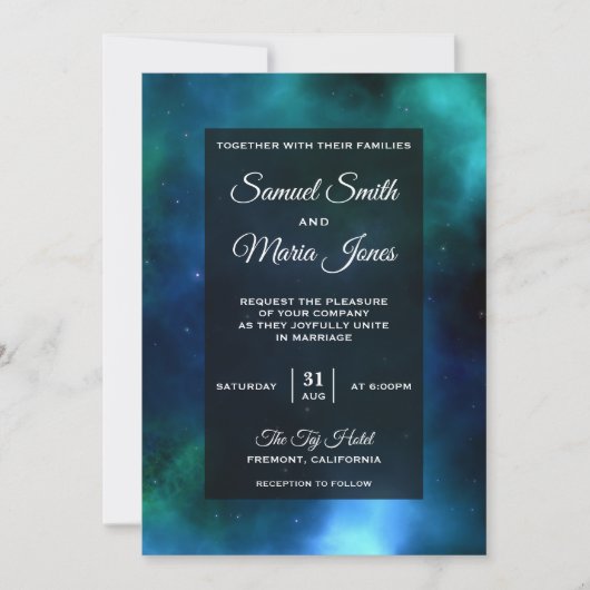 Space Nebula Blauw Groen Galaxy bruiloft uitnodigi Kaart (Voorkant)