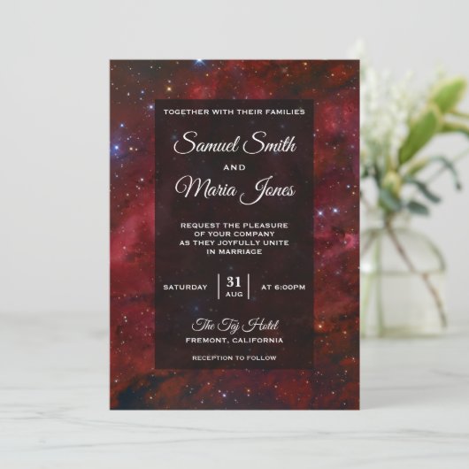 Space Nebula Maroon Galaxy Wedding Kaart (Staand voorkant)