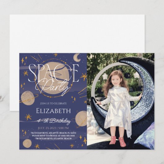 Space Night Sky Galaxy Birthday Foto-uitnodiging Kaart (Voorkant / Achterkant)