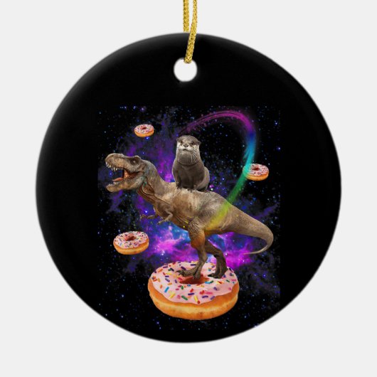 Space Otter Riding Dinosaur T-Rex Donuts Keramisch Ornament (Voorkant)