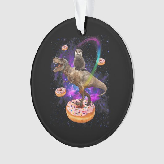 Space Otter Riding Dinosaur T-Rex Donuts Ornament (voorkant)