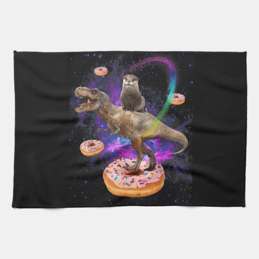 Space Otter Riding Dinosaur T-Rex Donuts Theedoek (Horizontaal)