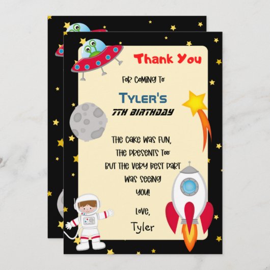 Space Party Verjaardag Dank u kaart (Voorkant / Achterkant)