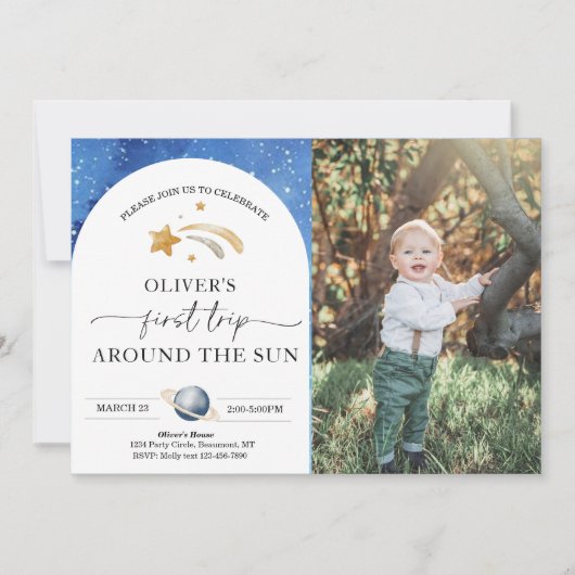 Space Photo Birthday Invitation | Eerste reis Kaart (Voorkant)