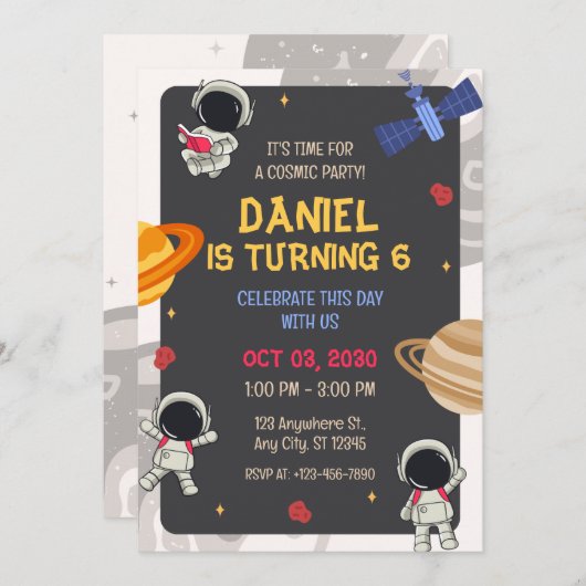 Space Planet Astronaut verjaardagsfeestje uitnodig Kaart (Voorkant / Achterkant)
