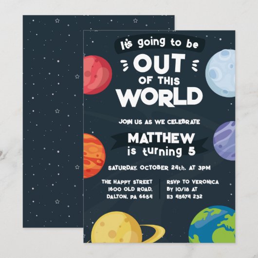 Space Planets Invitation for Birthday Party Galaxy Kaart (Voorkant / Achterkant)