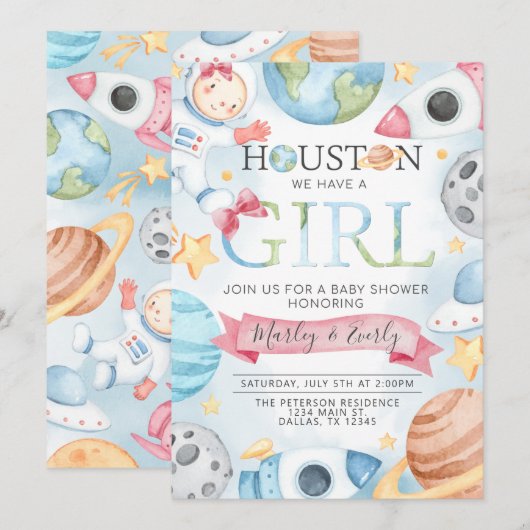 Space Planets Pink Girl Baby shower Invitation Kaart (Voorkant / Achterkant)