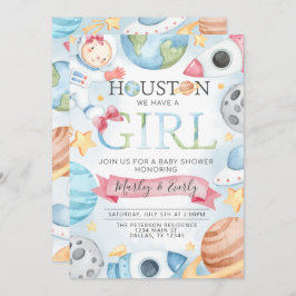 Space Planets Pink Girl Baby shower Invitation Kaart