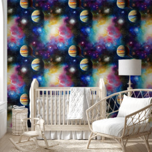 Space planets stars galaxy seamless pattern boys behang