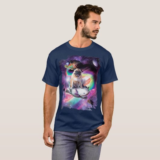 Space Pug Riding Axolotl Rainbow T-shirt (Voorkant volledig)