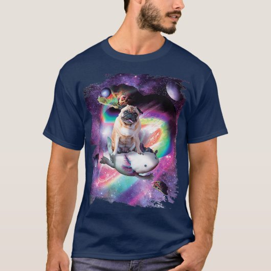 Space Pug Riding Axolotl Rainbow T-shirt (Voorkant)