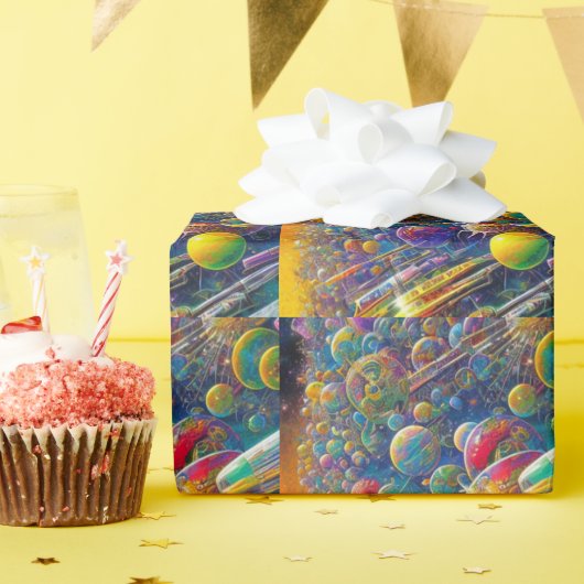 Space Race glanzend inpakpapier (Verjaardagsfeest)