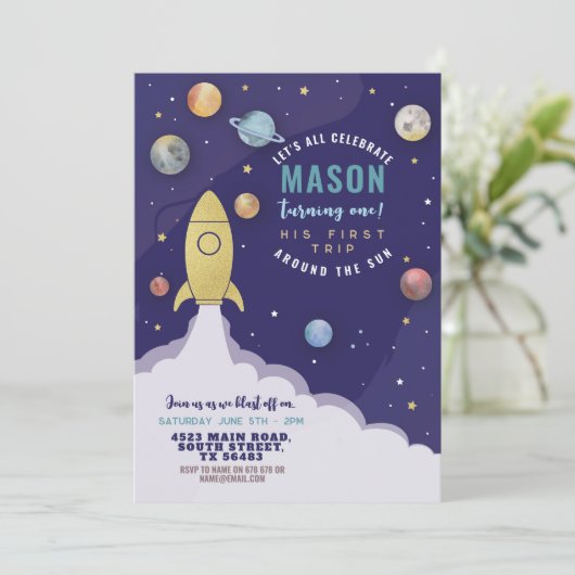 Space Rocket 1st Birthday First Trip Sun Moon Kaart (Staand voorkant)