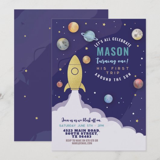 Space Rocket 1st Birthday First Trip Sun Moon Kaart (Voorkant / Achterkant)