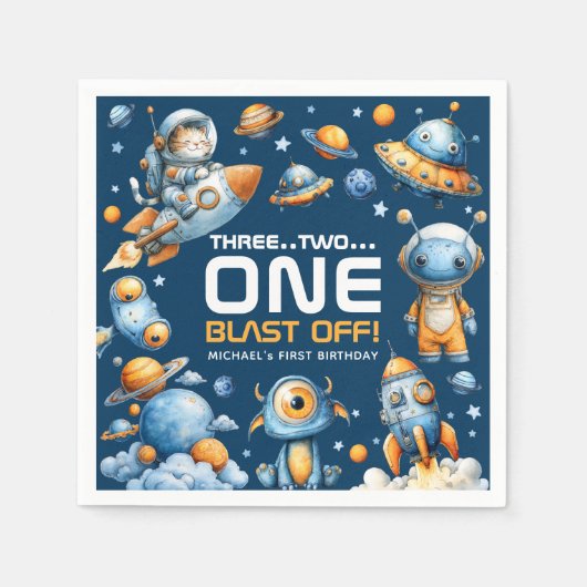 Space Rocket Astronaut Cat Blast Off 1st Birthday Servet (Voorkant)
