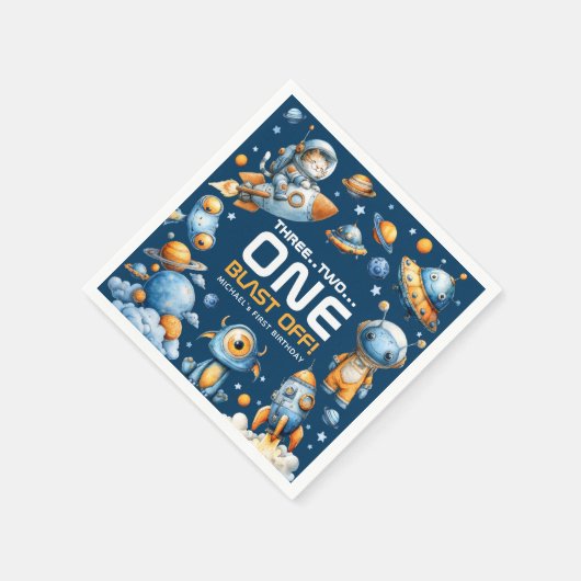 Space Rocket Astronaut Cat Blast Off 1st Birthday Servet (Hoek)