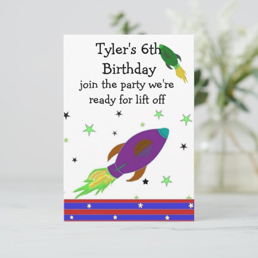 Space Rocket Birthday Invitation Kaart (Staand voorkant)