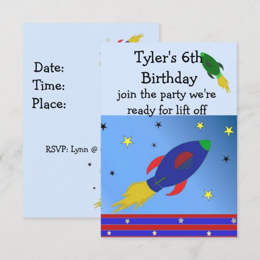 Space Rocket Birthday Invitation Kaart (Voorkant / Achterkant)