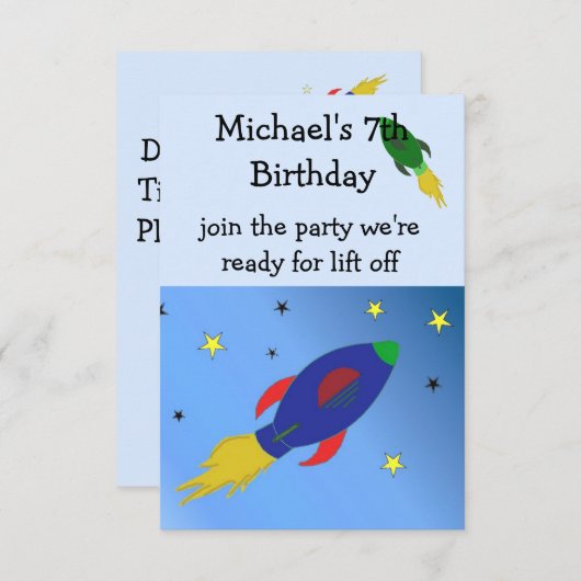 Space Rocket Birthday Invitation Kaart (Voorkant / Achterkant)