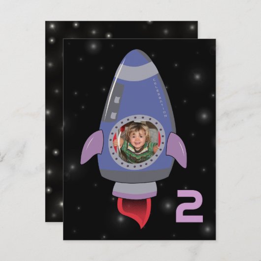 Space Rocket Boys Birthday Photo Template uitnodig Uitnodiging Briefkaart (Voorkant / Achterkant)