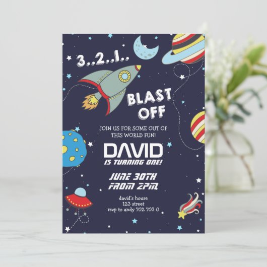 Space Rocket Galaxy Blast Off Boy Verjaardag Kaart (Staand voorkant)