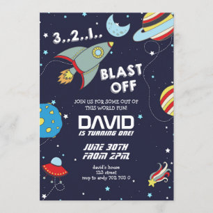 Space Rocket Galaxy Blast Off Boy Verjaardag Kaart