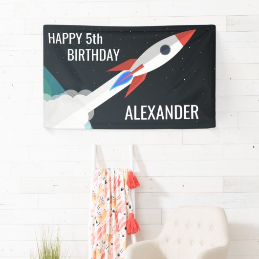 Space Rocket Gepersonaliseerde Kids Verjaardagsfee Spandoek (Insitu)