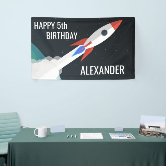 Space Rocket Gepersonaliseerde Kids Verjaardagsfee Spandoek (Beurs)