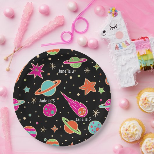 Space Rocket Patroon Naam Verjaardagsfeest Papieren Bordje (Feest)